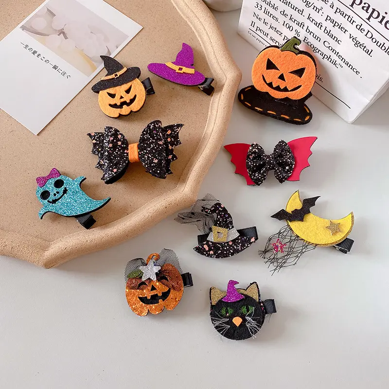 万圣节少儿南瓜骷髅头发夹卡通蝙蝠尖嘴夹精致可爱对夹女童发饰品