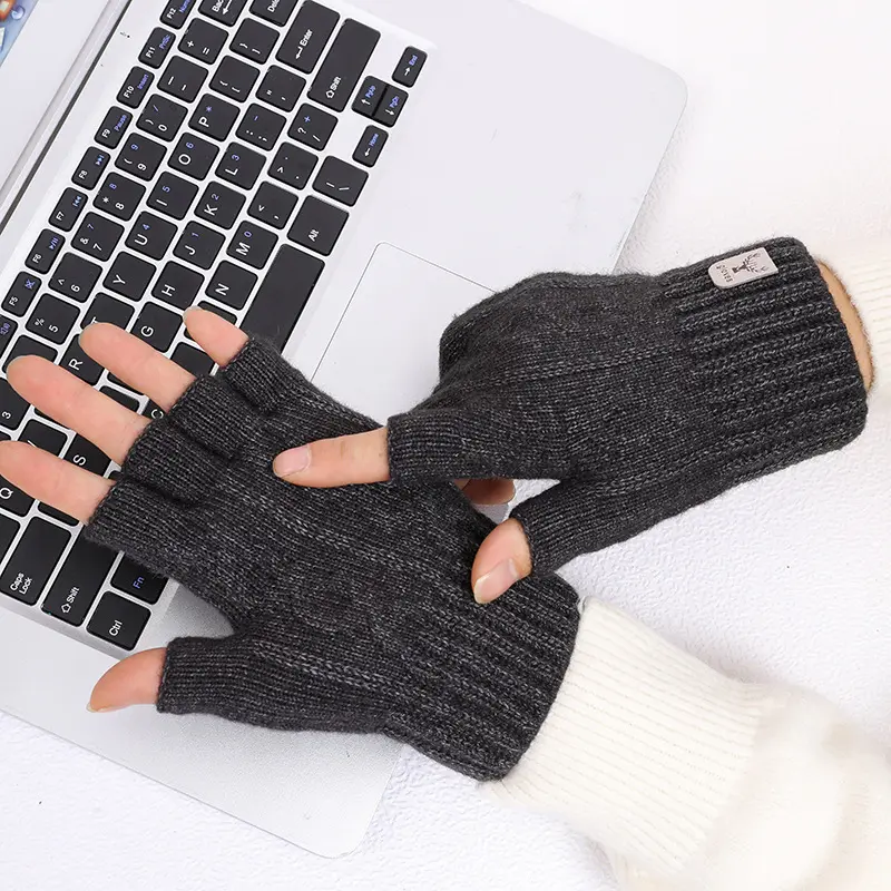 半指手套男士冬天保暖加厚毛线露指学生分指写字办公骑行防风防寒