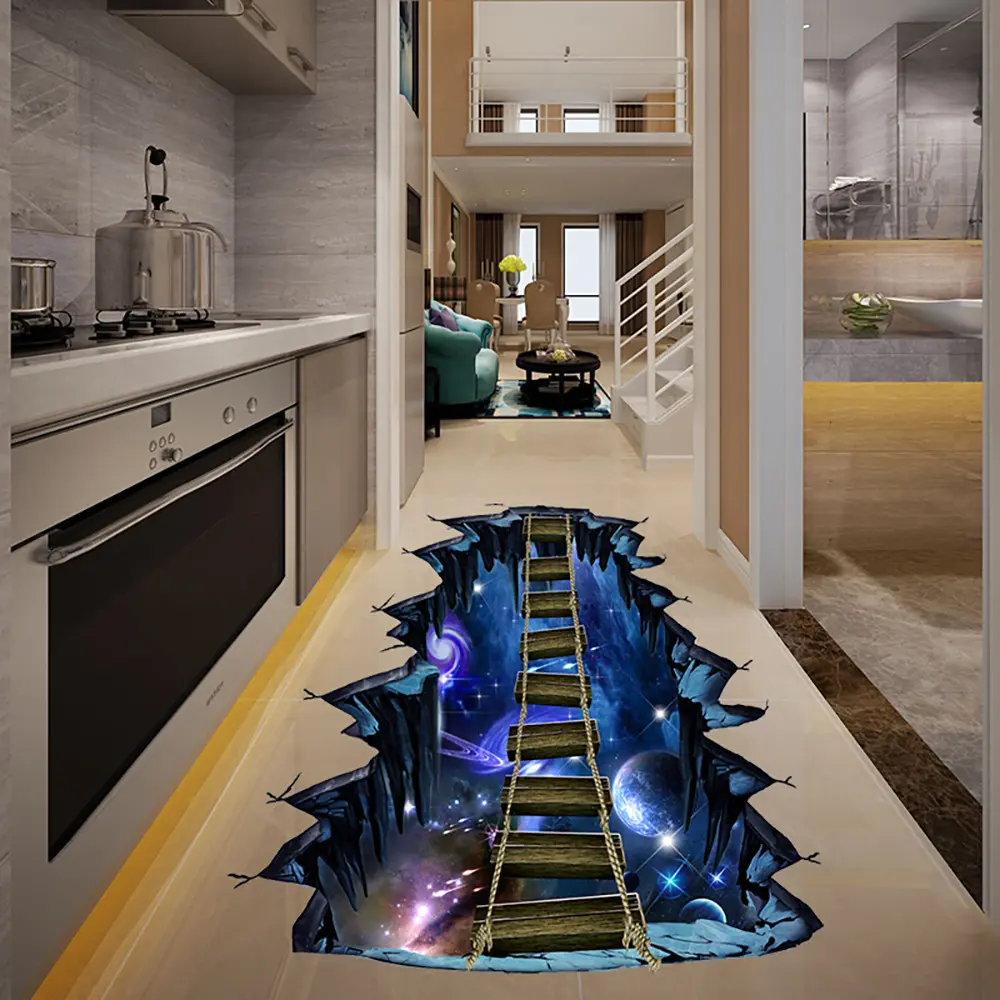 尚易仿3d立体墙贴宇宙星球独木桥地板贴家居背景地面装饰