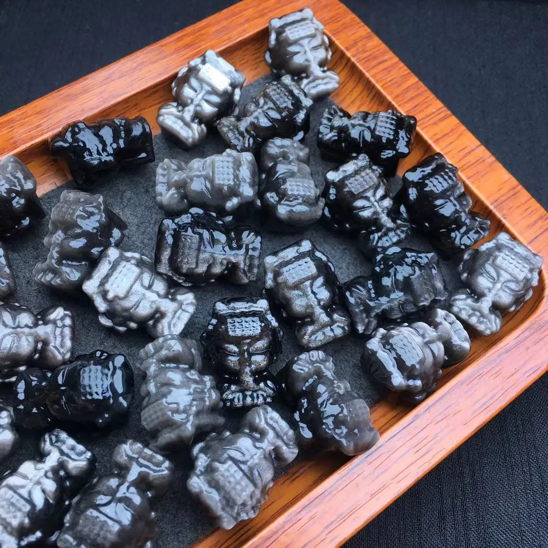 天然银耀石小雕件银耀石貔貅九尾狐妈祖吊坠黑曜石结配件