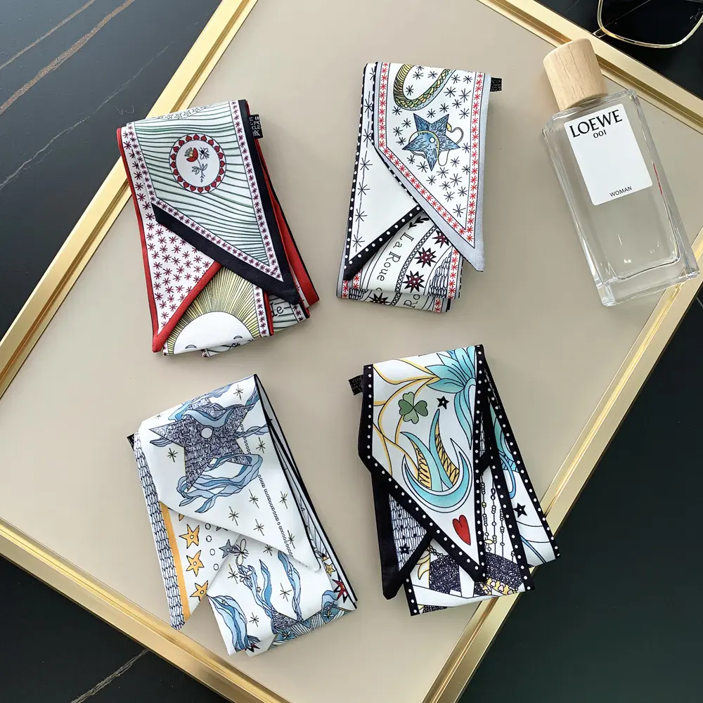 塔罗牌双层双面印花斜纹绸绑包包手柄丝巾细长窄小丝带领巾女