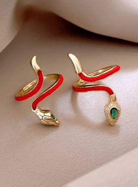 新中式锆石红绳蛇形开口戒指本命年小众食指戒复古轻奢高级感手饰