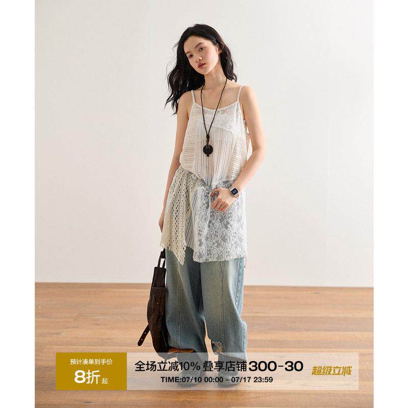 octopusme章鱼家白色蕾丝吊带连衣裙女夏季不规则叠穿屁帘短裙子