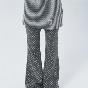 一体微喇长裤 About girl灰色波点条纹印花休闲显瘦假两件裙裤