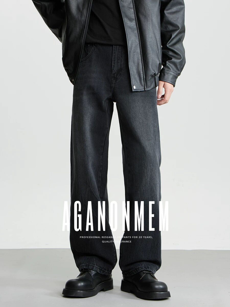 AGANONMEM黑色阔感直筒牛仔裤男春秋季美式高街水洗宽松通勤长裤