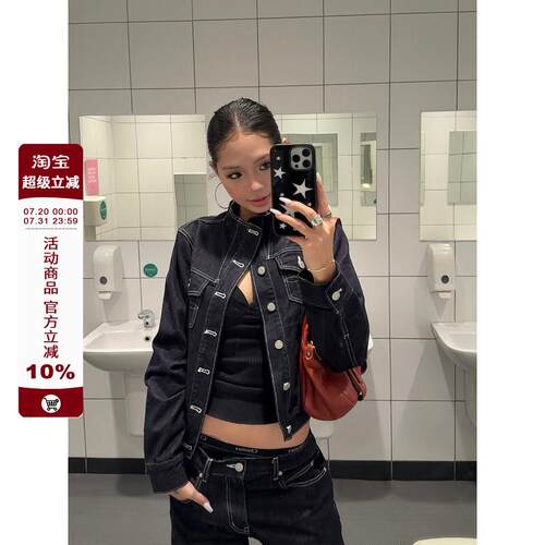 F383 美式覆古解构质感牛仔外套立领宽松廓形修身显瘦工装夹克女