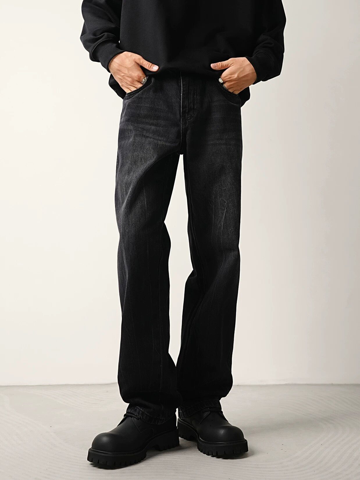 CONVERGES黑色阔感直筒牛仔裤男潮牌春秋新款水洗宽松百搭长裤子
