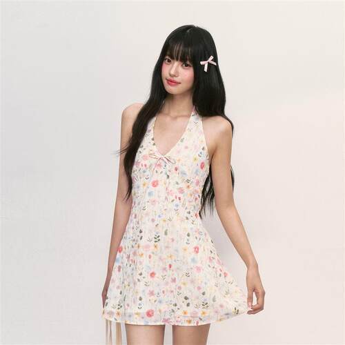 weekendhub法式小碎花裙连衣裙2025新款女高级感无袖挂脖吊带裙子