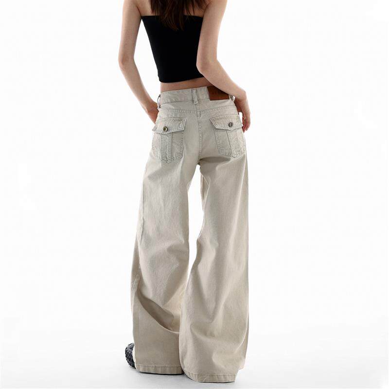 美式复古浅色阔腿牛仔裤女2026春季新款低腰宽松显瘦杏色直筒裤子