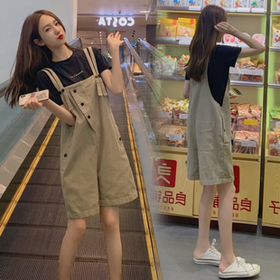 潮 网红背带短裤 女小个子夏季 薄款 宽松显瘦可爱减龄牛仔连体五分裤