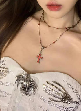 哥特风红色十字架项链女复古做旧暗黑风高级感辣妹Y2K锁骨链颈链