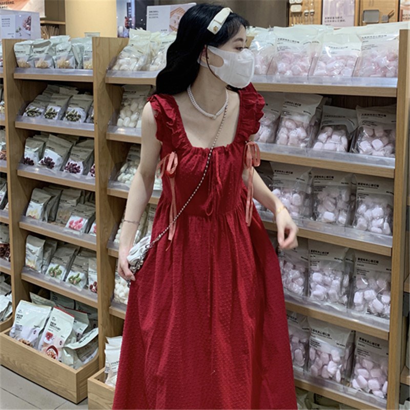 高中女生背带连衣裙红色裙子夏时髦设计感背心裙甜美气质背带长裙