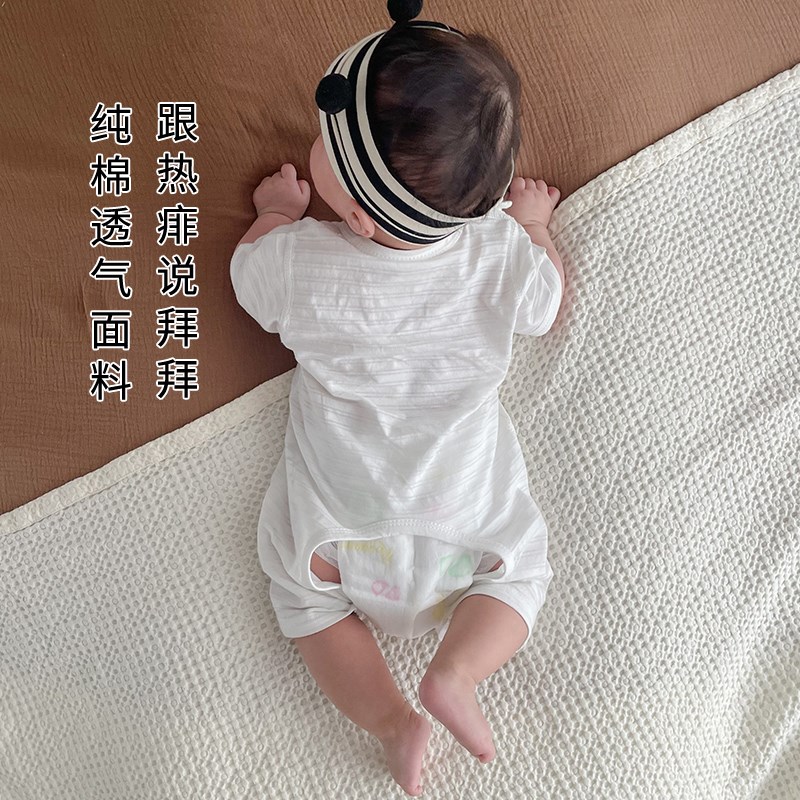 6一12月婴儿衣服夏季薄款外出男女宝宝a类纯棉无骨开档短袖连体衣