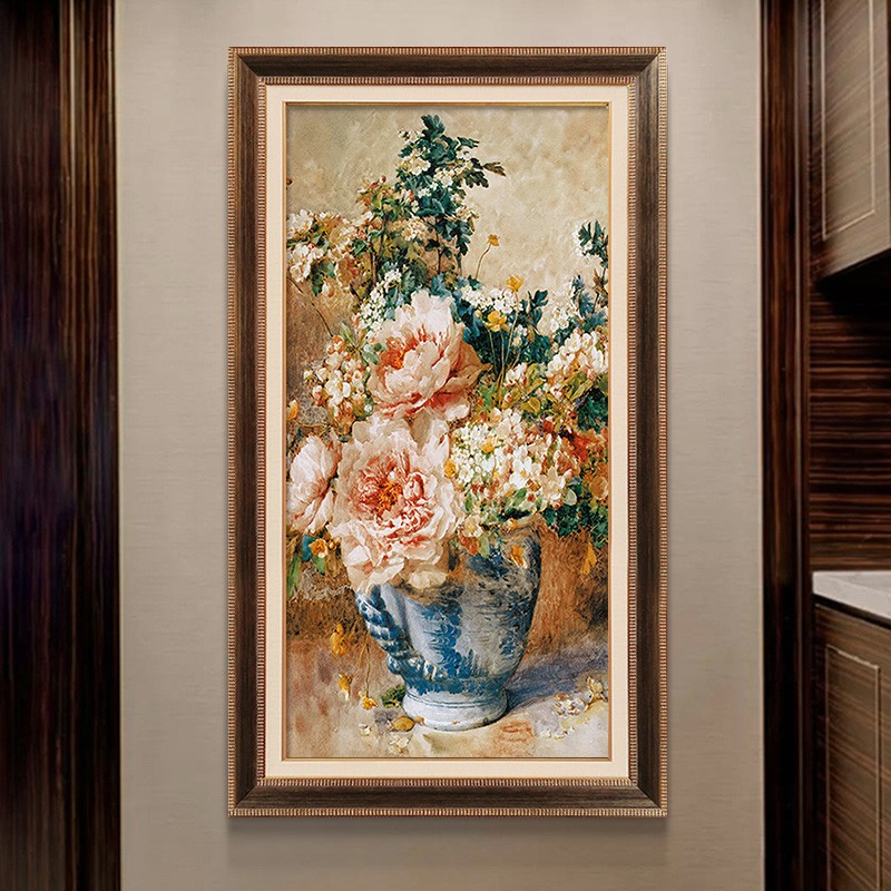 欧式客厅餐厅壁画走廊过道挂画B花卉油画美式入户玄关装饰画竖版图片