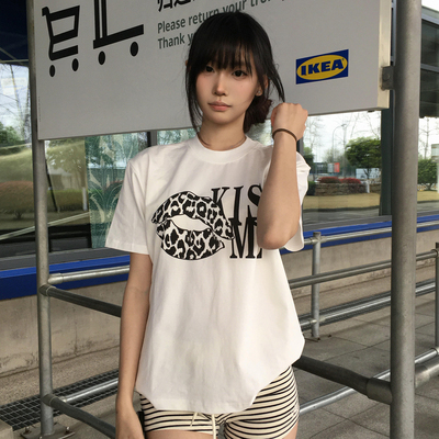 KISSME豹纹印花短袖T恤男女夏