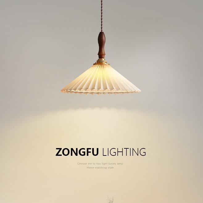 日式复古餐厅灯北欧民宿单头主卧室床头吊灯中古胡桃木百褶小布艺