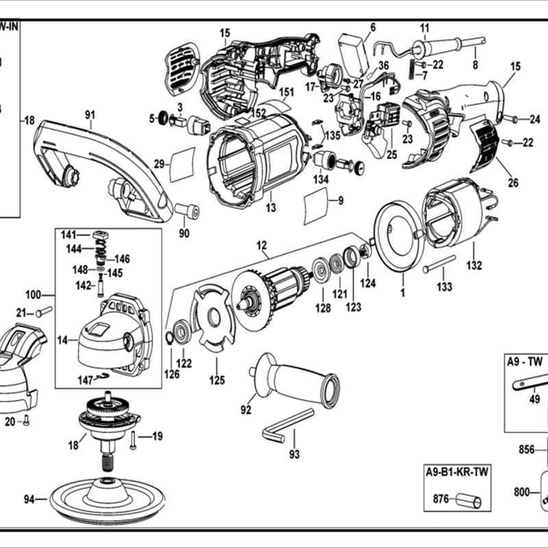 得伟零配件 DWP849X/XD抛光机转子调速器碳刷定子开关齿轮手柄
