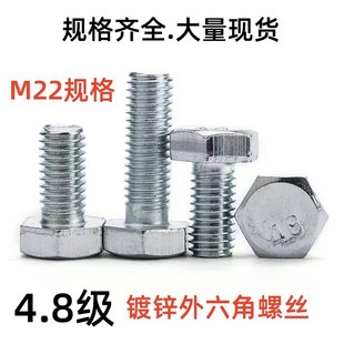 国标4.8级镀锌 镀白锌六角头C级螺丝M22螺钉 白锌外六角螺丝螺栓
