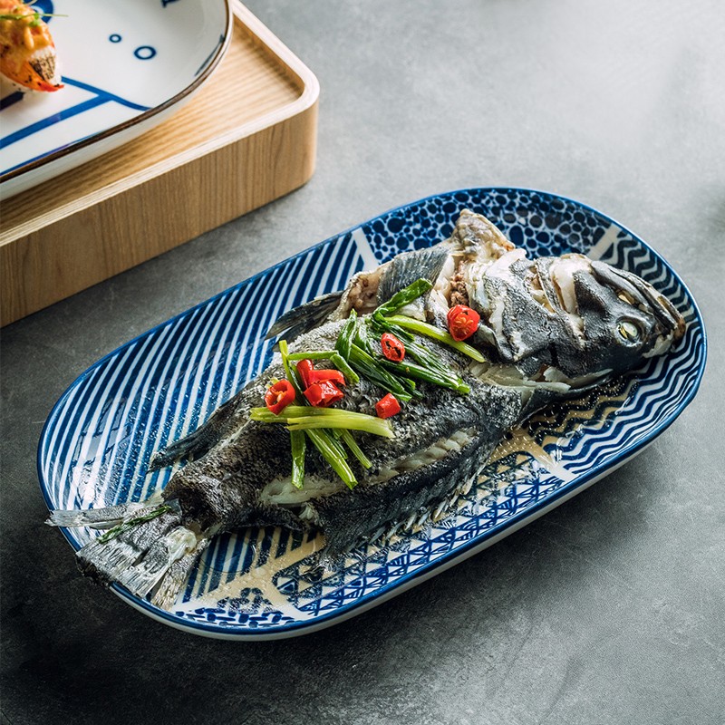 家用陶瓷鱼盘子椭圆形创意盘子套装大号长方形蒸烤餐具蒸鱼菜盘