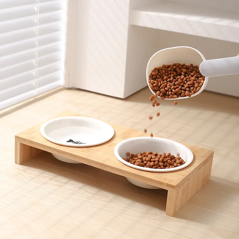创意小号印花宠物碗带碗架家用猫咪喝水碗猫狗食具陶瓷碗猫碗狗碗