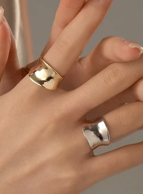 s925银韩版极简光面戒指女宽版开口时尚重工指环潮梅陇银饰