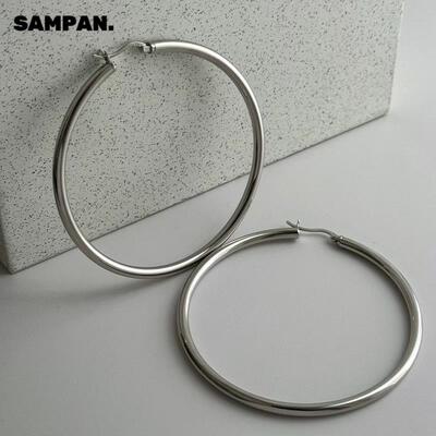 6cm通体S925纯银大圆圈耳环高级感欧美光面时髦hoop耳圈气质素圈