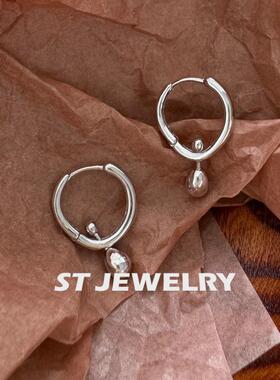 液态实心耳扣】通体925纯银耳环 个性小众短款吊坠精致耳坠耳圈