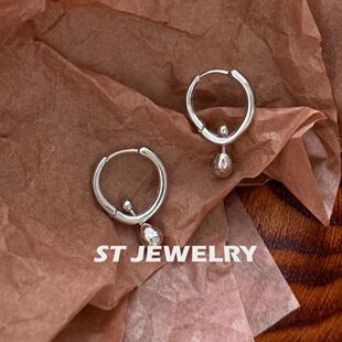 小众短款 个性 吊坠精致耳坠耳圈 通体925纯银耳环 液态实心耳扣