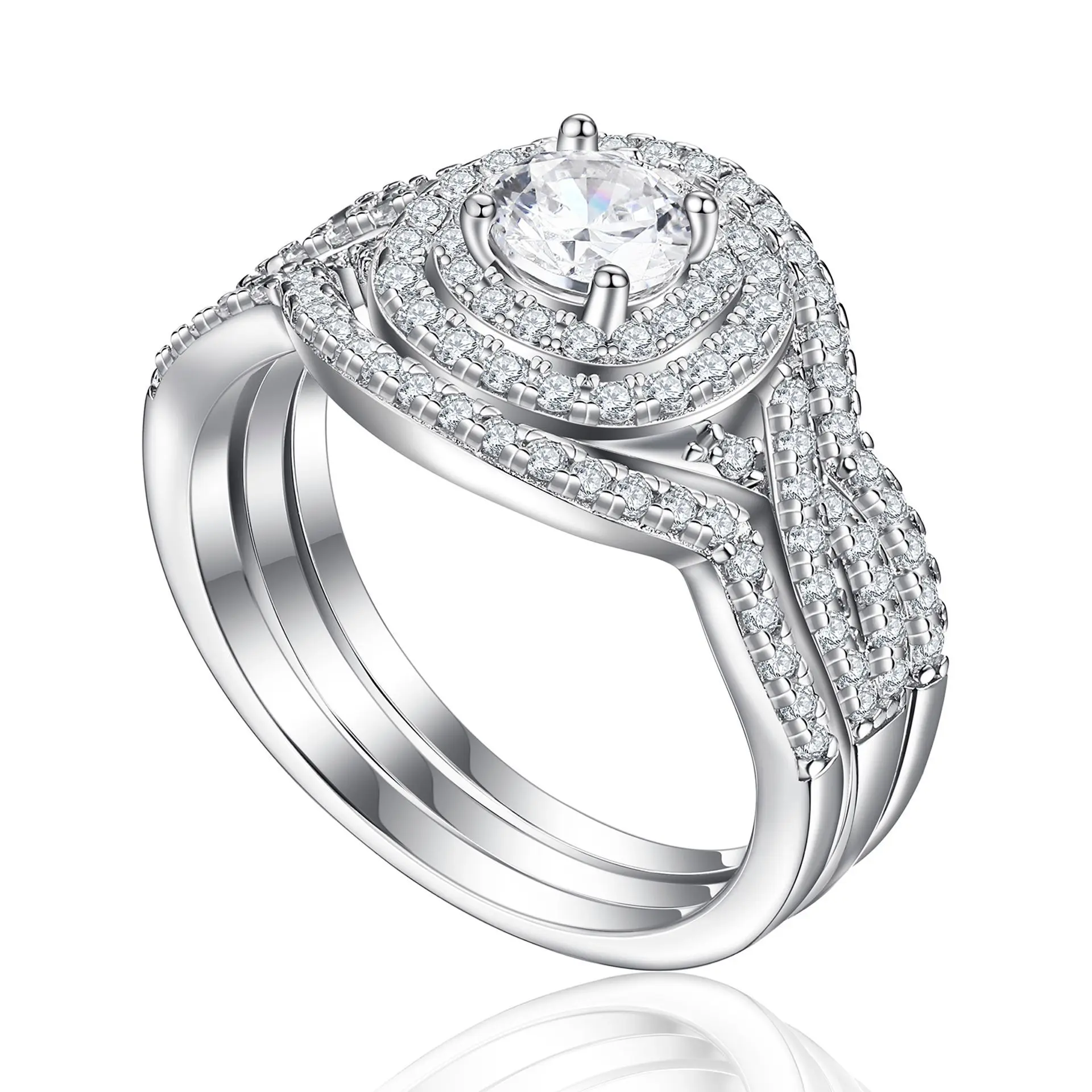 wish爆款配饰s925纯银组合套戒三件婚戒叠戴锆石戒指套装女士