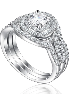 wish爆款配饰s925纯银组合套戒三件婚戒叠戴锆石戒指套装女士