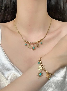 欧美时尚双层叠戴芒星生命树钛钢项链女小众设计高级感配饰品