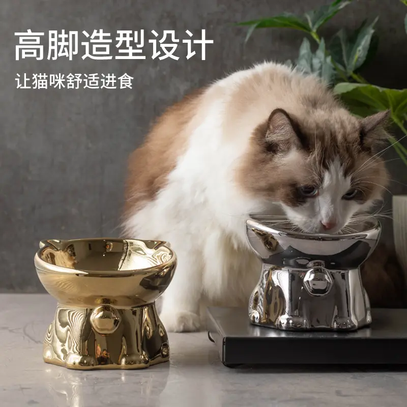 陶瓷宠物猫碗食盆水碗猫咪防打翻猫粮喝水饭碗斜口高脚护颈猫食盆