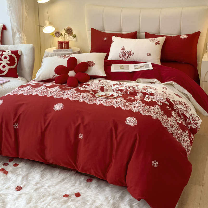 中式简约结婚四件套大红色床上用品陪嫁被套床单婚庆房新新疆包邮