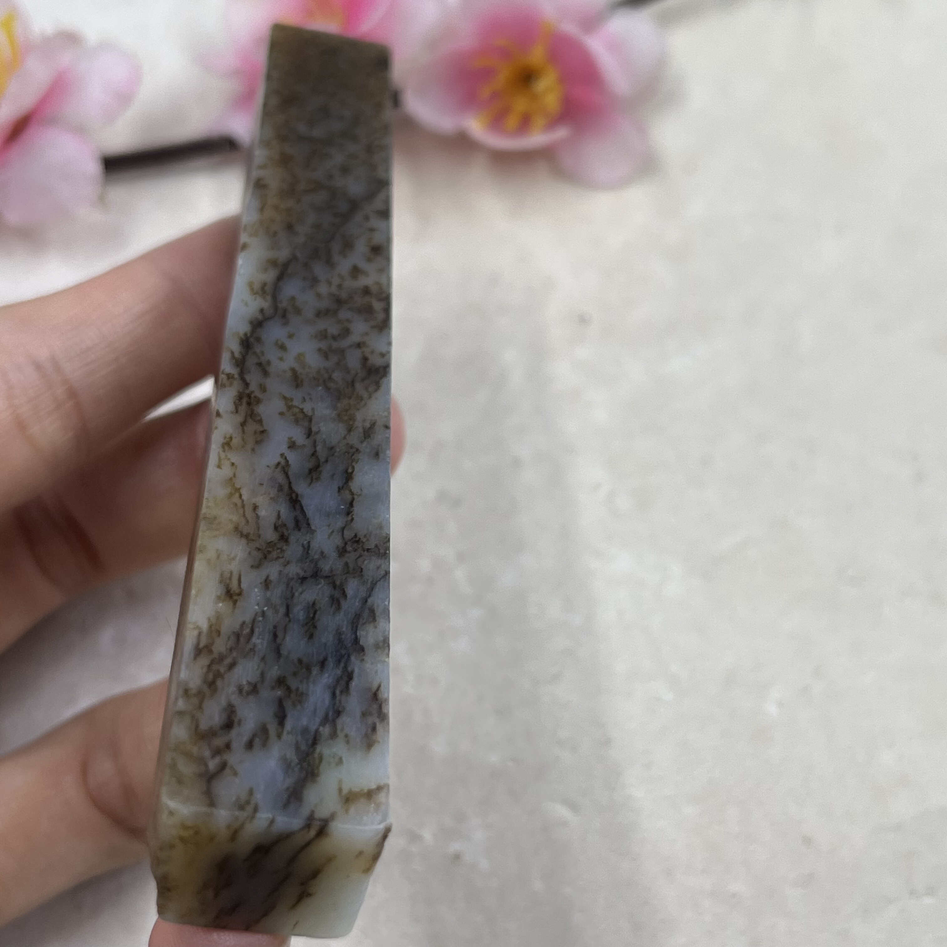新疆和田玉糖草花且末印章边角料长条发簪料玉石料镇尺包邮49克t