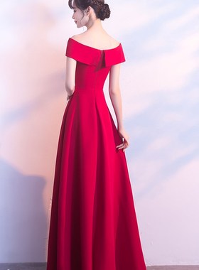 长款晚礼服女2024新款聚会气质红色一字肩性感连衣裙女高档春装