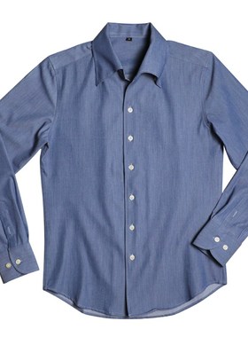 [两色] 复古绅士特色V型翻领一片领仿牛仔色白色修身儒雅潮男衬衫