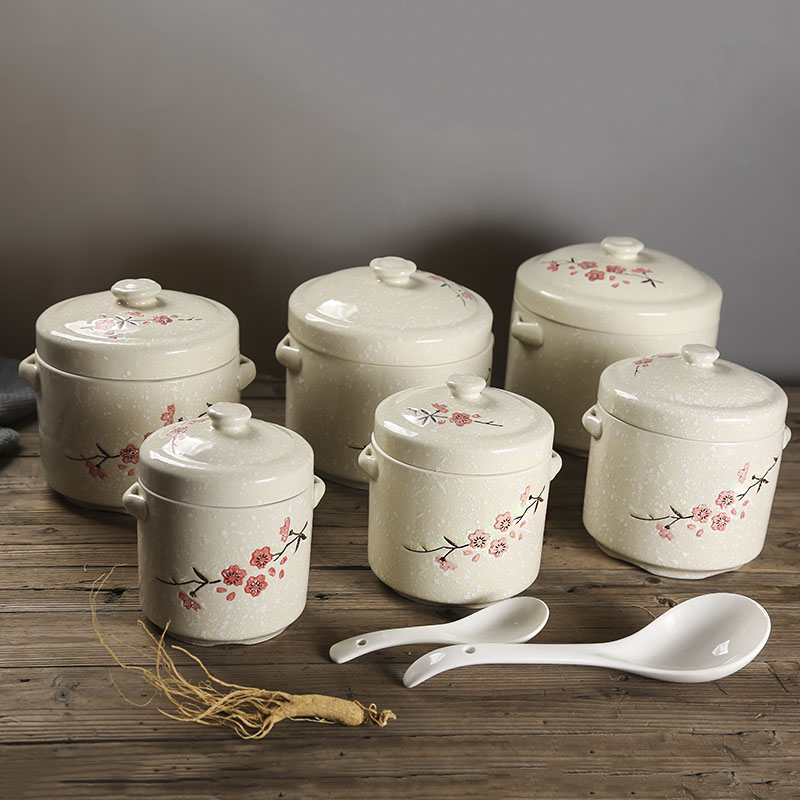 陶瓷隔水炖盅双盖梅花炖罐家用复古大号汤碗双耳蒸蛋盅燕窝炖盅