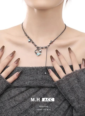 冷淡风嘻哈气质项链配饰女小鸟蓝色花朵锁骨链小众设计感吊坠