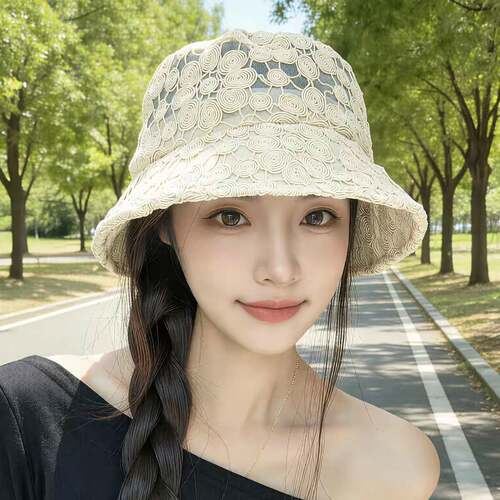 夏季新款花朵蕾丝渔夫帽百搭镂空透气薄款防晒遮阳盆帽韩系帽子女