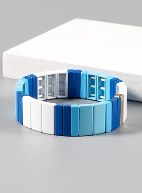 欧美秋冬新款ra搪瓷手链几何不规则哑光蓝白撞色多层弹力手串时尚