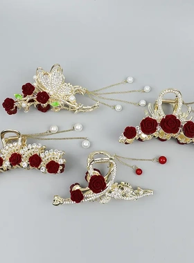 红色玫瑰花大号夹子抓夹珍珠流苏大号发夹后脑勺盘发夹头饰