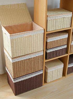 日式简奥约带盖收纳仿藤编织居箱家客衣物收FPK纳筐厅杂物储物箱