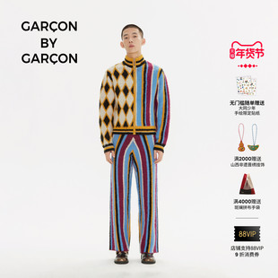 GARCON BY GARCON 秋冬做旧条纹复古嵌花小高领拉链针织毛衣外套