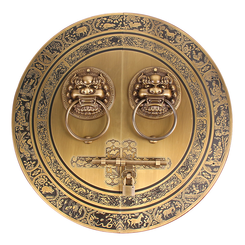 仿古纯黄铜兽头门环大木门门栓拉手把手四合院麒麟狮子头拉环插销