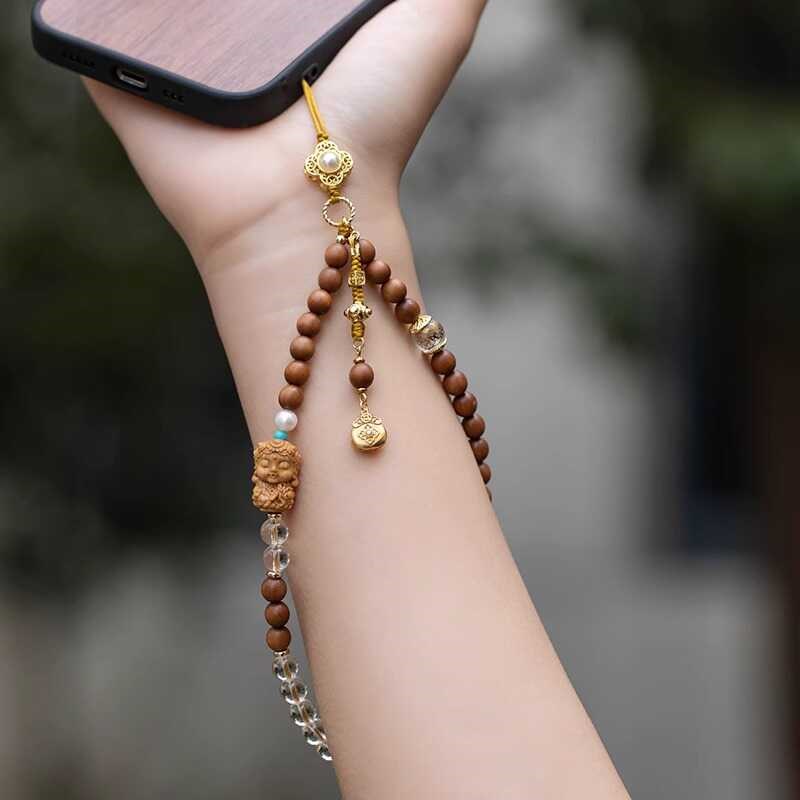 保真白水晶本命佛檀木手机链绳挂饰女2024年新款高级感防丢绳饰