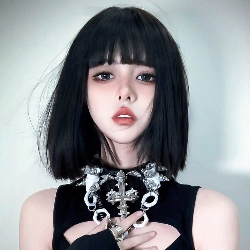 一刀切假发女短发夏季自然全头套式甜酷漫画浏海波波头整顶假发套