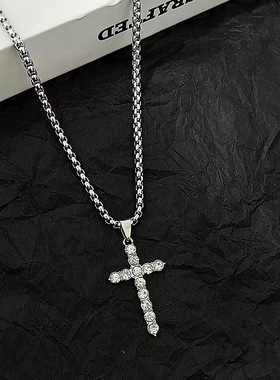 满钻十字架项链男潮欧美嘻哈马思维同款个性毛衣链女百搭钛钢项链