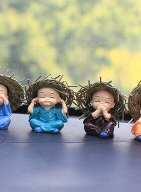 爆品草帽小和尚可爱小沙弥汽车车载装饰品公仔树脂工艺品家居摆设