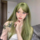 爆款 齐刘海绿色长化纤高温丝欧美wig头套新款