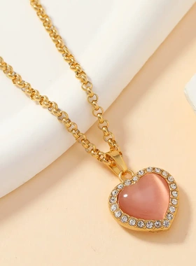 单吊坠不锈钢铸造轻奢饰品风爱心椭圆镶彩色宝石满钻项链配件